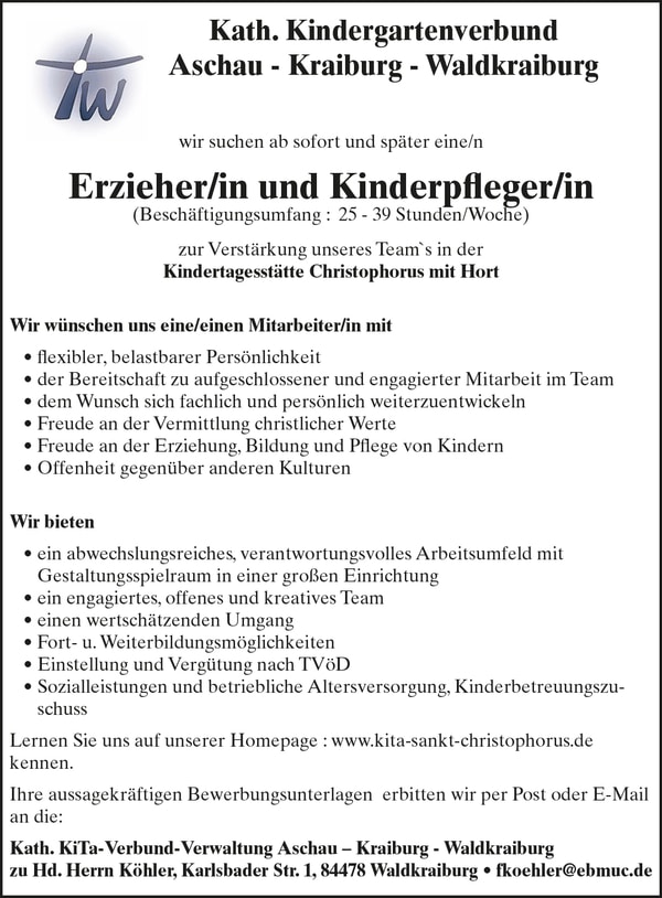 Erzieher (m/w/d), Kinderpfleger (m/w/d) ab sofort!