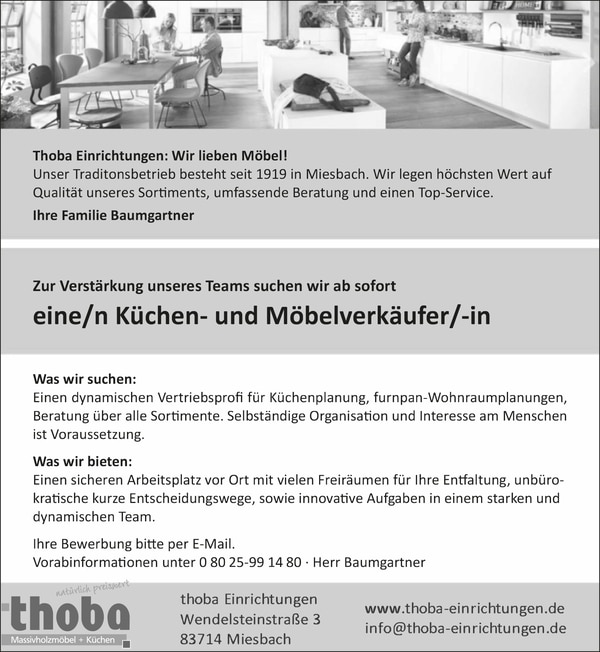 Küchen- und Möbelverkäufer (m/w/d) ab sofort!