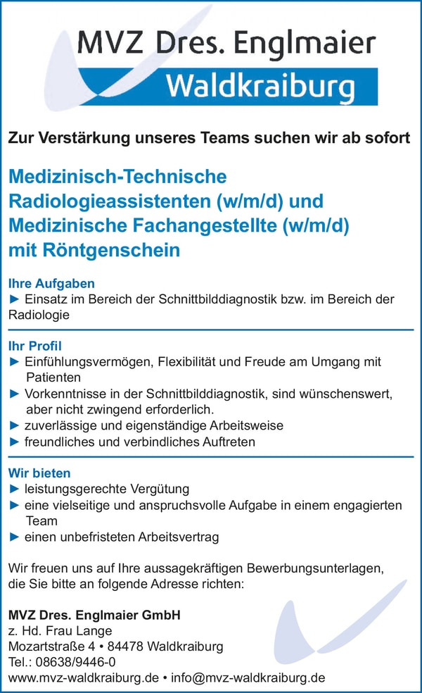 Medizinisch-technische Radiologieassistenten (m/w/d), Medizinische Fachangestellte (m/w/d) ab sofort!