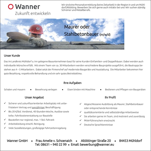 Maurer (m/w/d) oder Stahlbetonbauer (m/w/d) ab sofort!