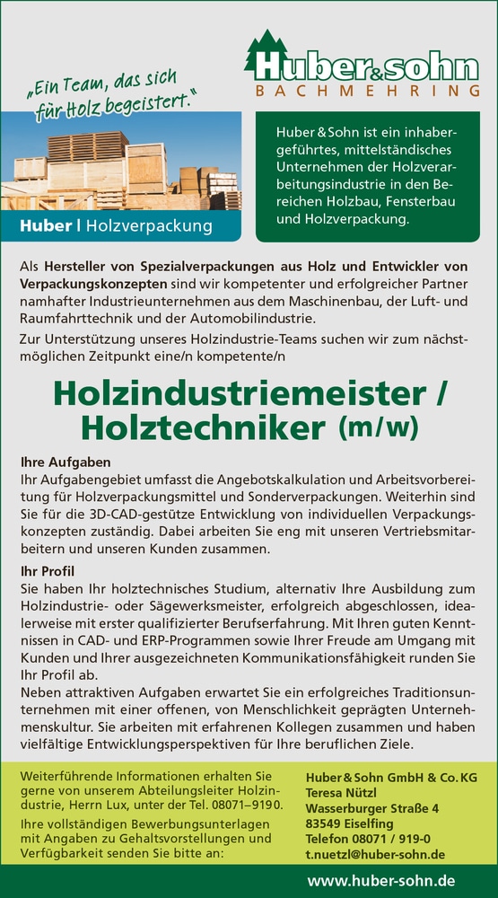 Holzindustriemeister/Holztechniker (m/w/d) ab sofort!