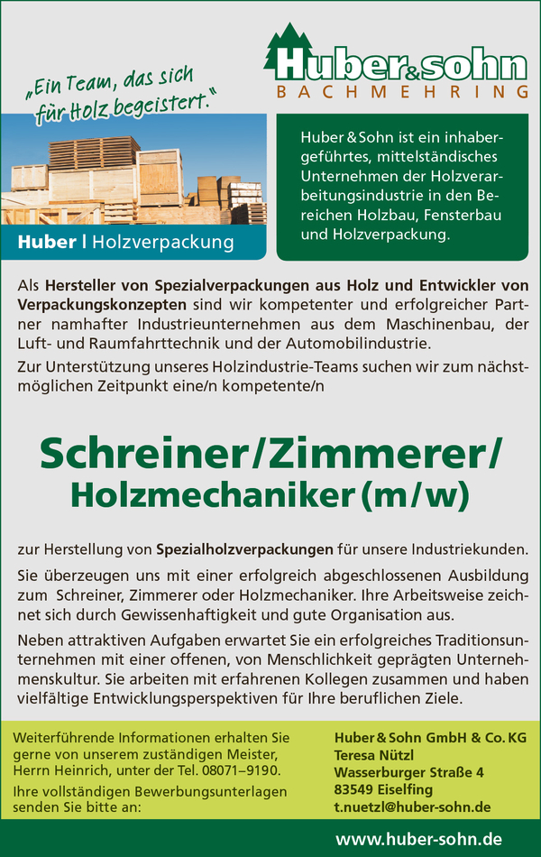 Schreiner/Zimmerer/Holzmechaniker (m/w/d) ab sofort!