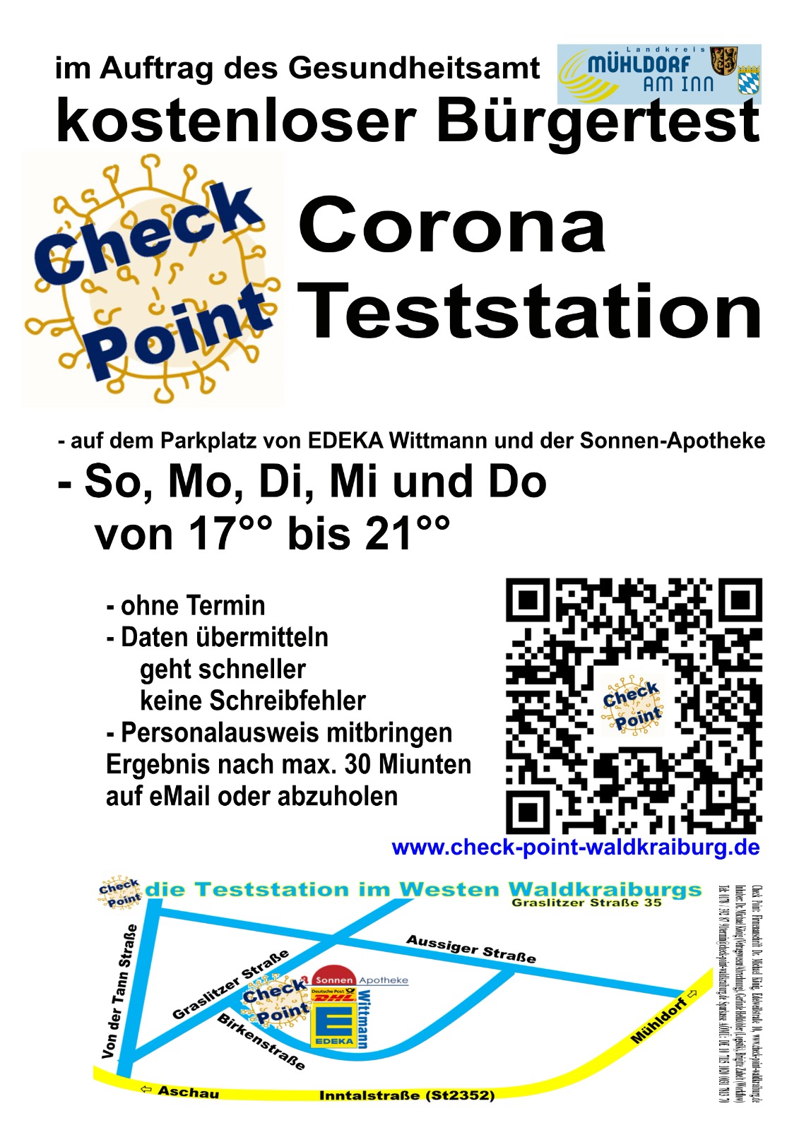 Corona-Krise: Teststation eröffnet – Kostenloser „Bürgertest“ am „Check Point Waldkraiburg“